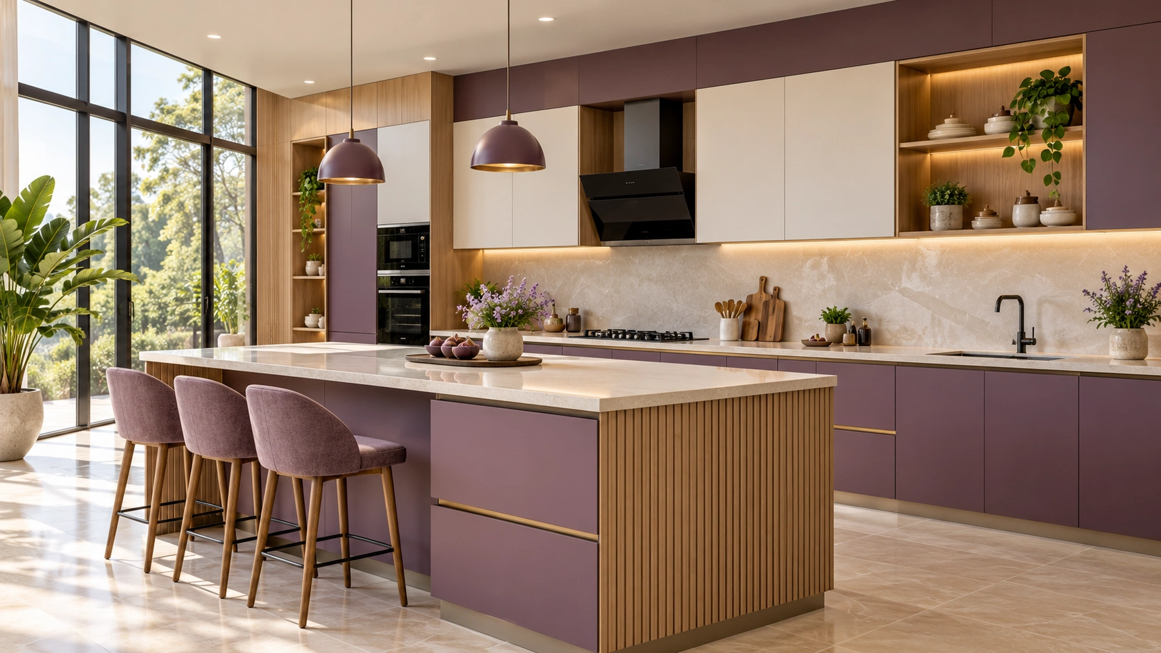 Cream and wine colour modular kitchen
