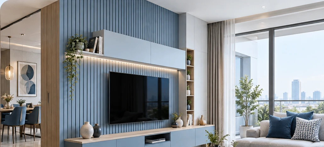 Blue and white TV unit