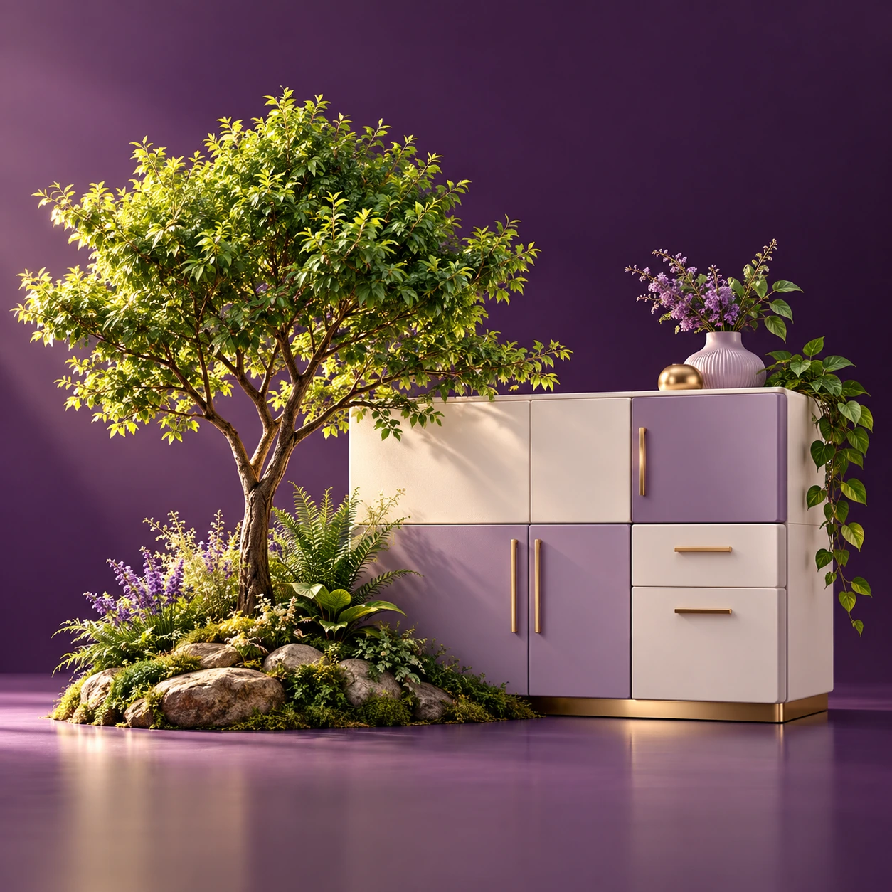 Purple and ivory furniture beside a flourishing tree